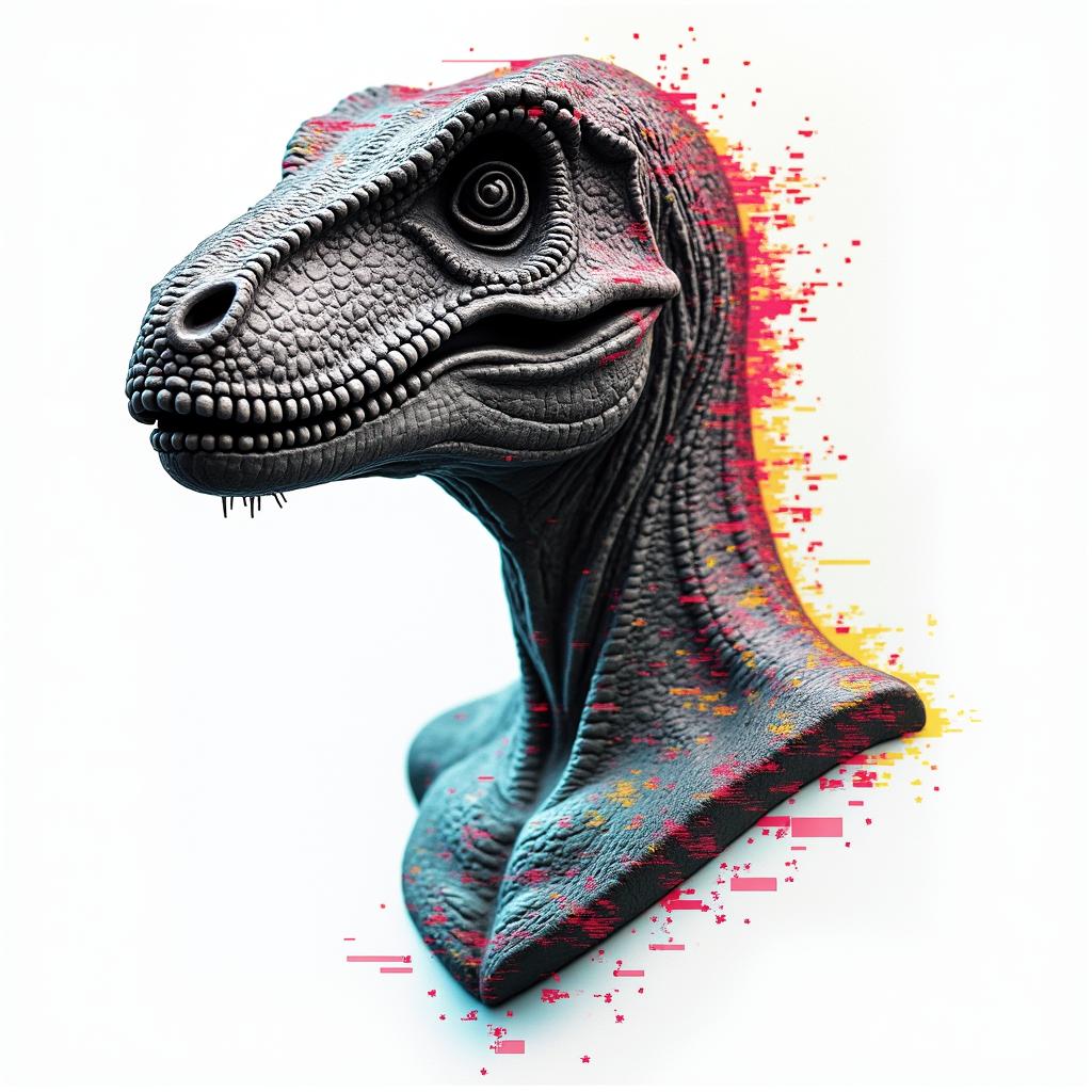 Velociraptorin distorted and fragmented tattoo design, featuring a classical statue bust, in a glitch art style with vibrant, overlapping colors of cyan, magenta, and yellow, creating a digital distortion effect - Variation 4