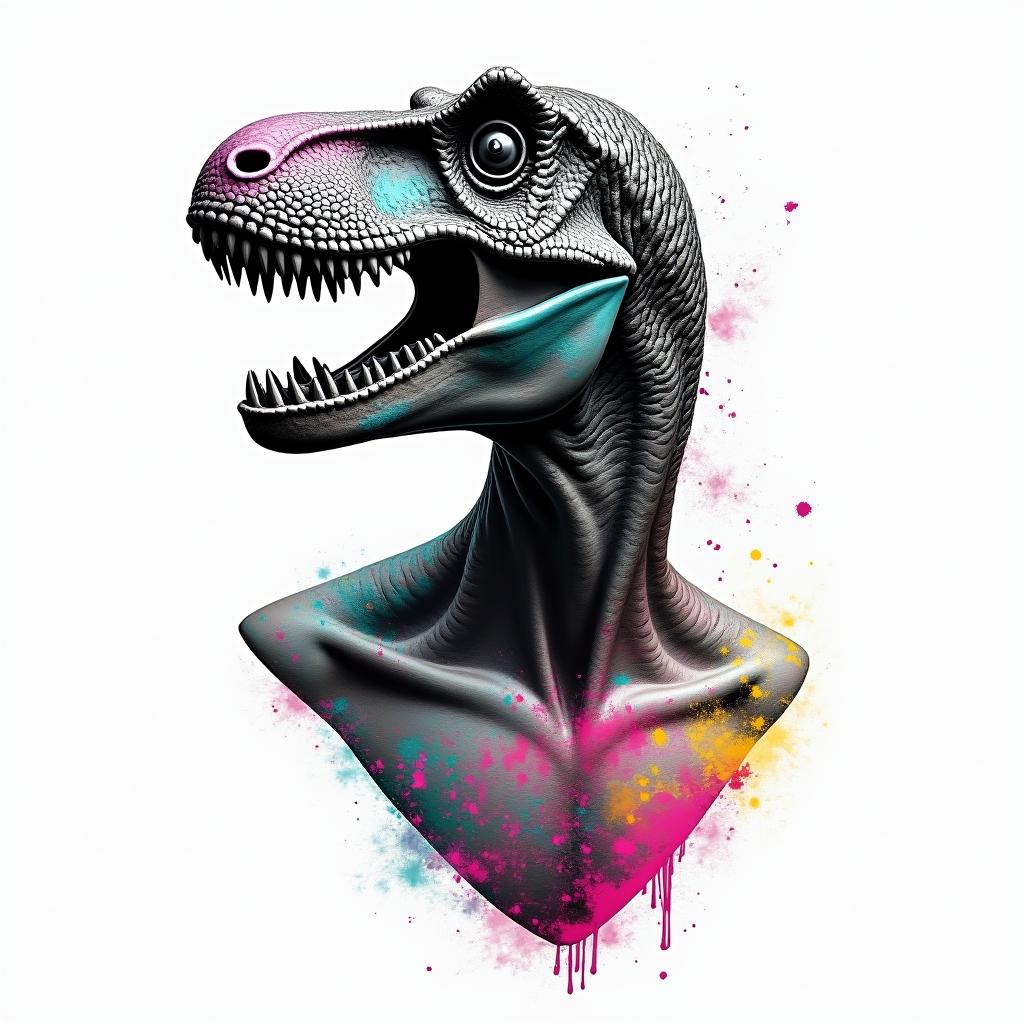 Velociraptorin distorted and fragmented tattoo design, featuring a classical statue bust, in a glitch art style with vibrant, overlapping colors of cyan, magenta, and yellow, creating a digital distortion effect - Variation 3