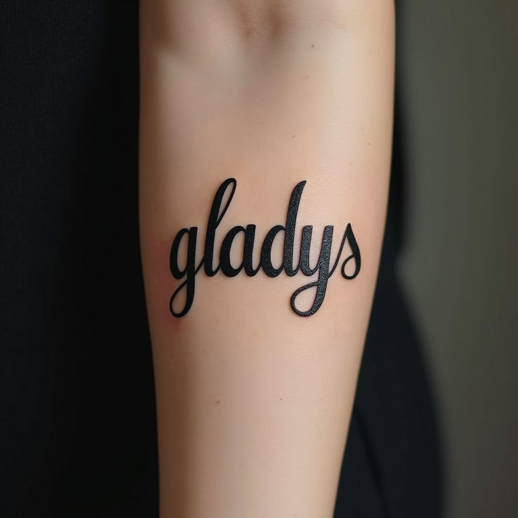 Gladystext-based tattoo, japanese font ultra-realistic, perfectly placed, high-quality font design, photo-realistic shading, 8k, high quality, finely detailed typograph - Variation 2