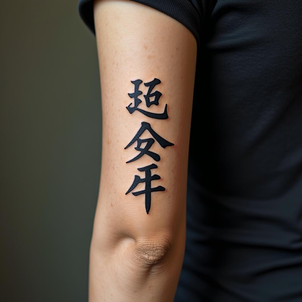 Gladystext-based tattoo, japanese font ultra-realistic, perfectly placed, high-quality font design, photo-realistic shading, 8k, high quality, finely detailed typograph - Variation 4