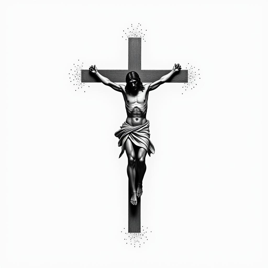 Jesus carrying the crossin minimalist style tattoo, featuring simple shapes and fine lines, with minimal shading and details, tiny triangles, creating a sense of balance and harmony - Variation 4