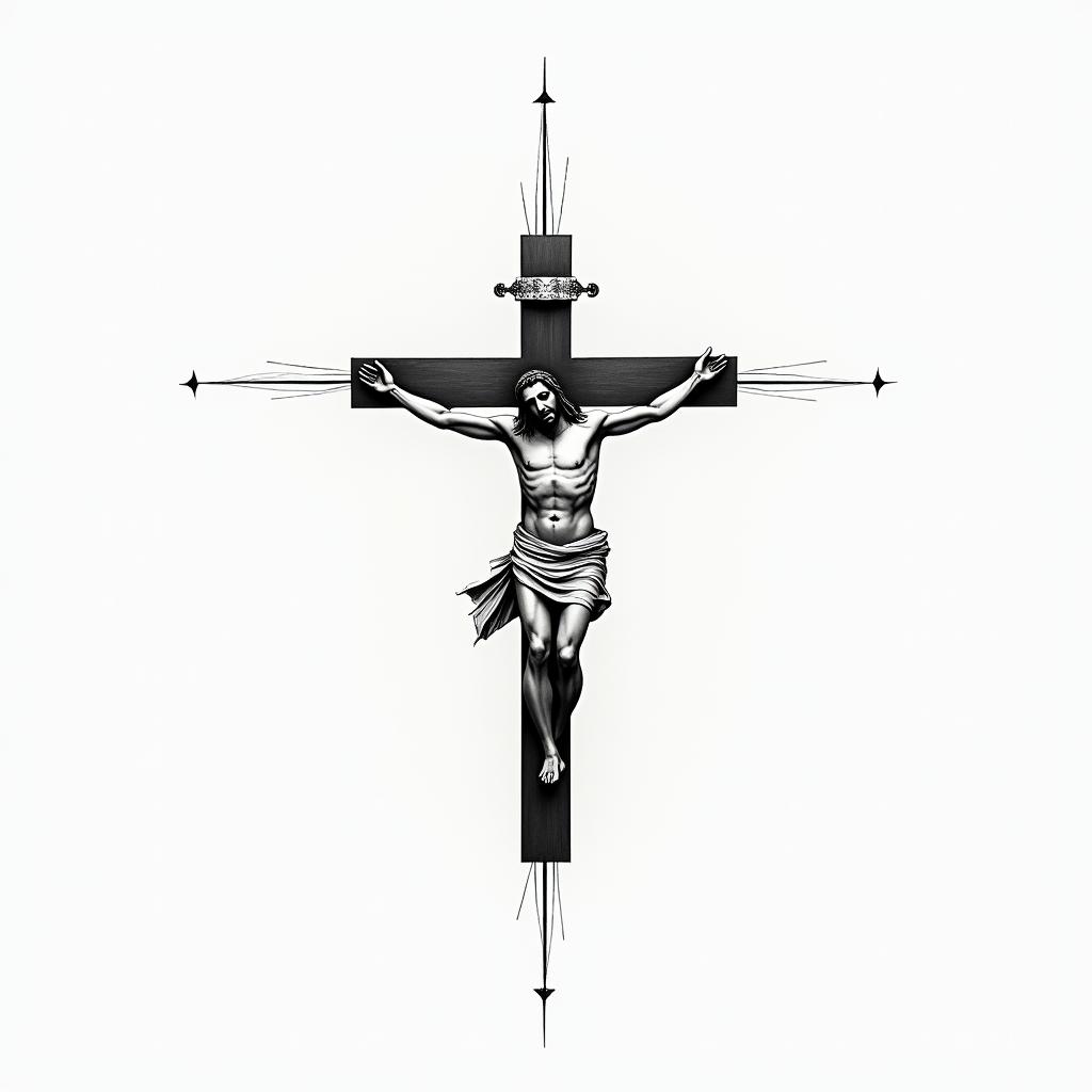 Jesus carrying the crossin minimalist style tattoo, featuring simple shapes and fine lines, with minimal shading and details, tiny triangles, creating a sense of balance and harmony - Variation 1