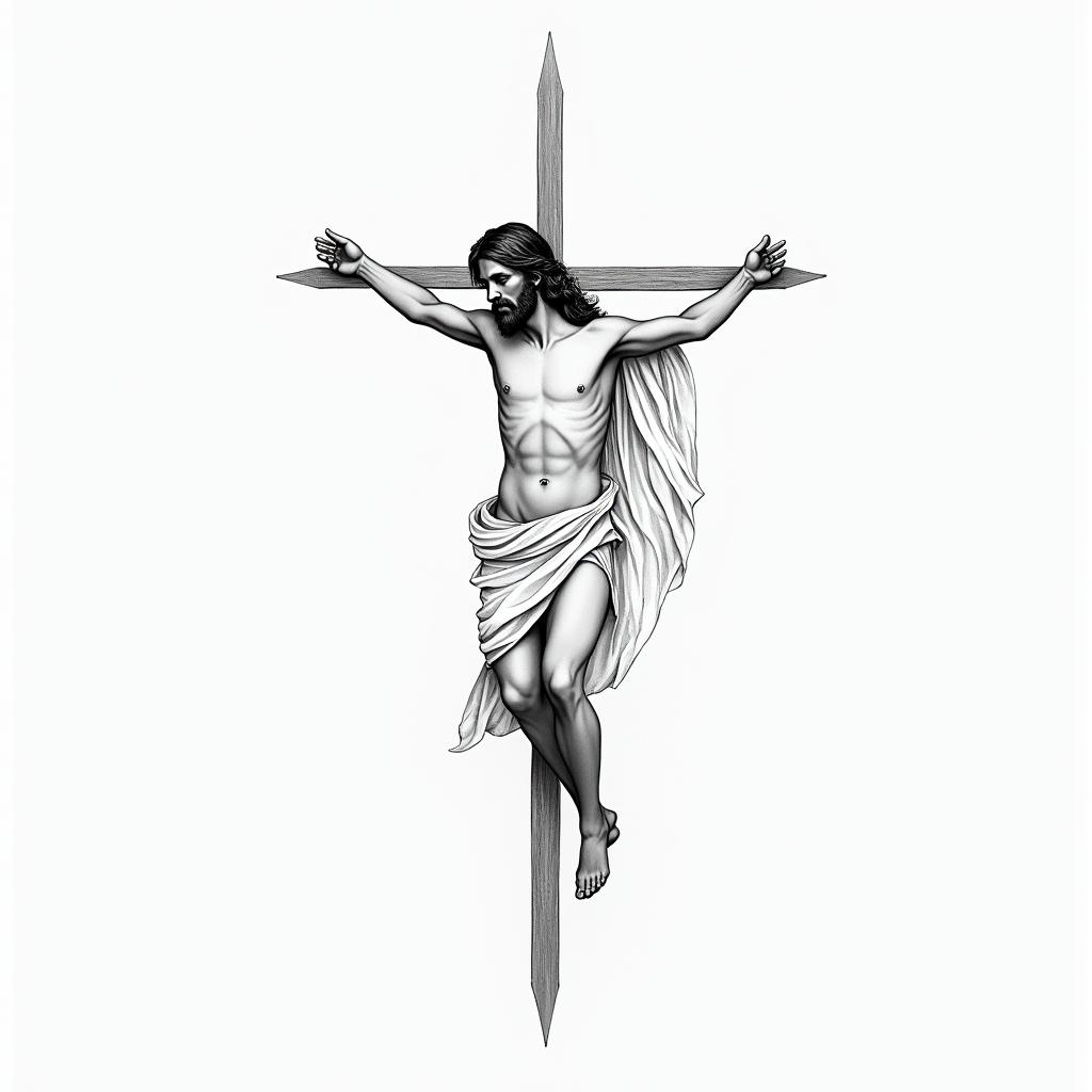 Jesus carrying the crossin minimalist style tattoo, featuring simple shapes and fine lines, with minimal shading and details, tiny triangles, creating a sense of balance and harmony - Variation 2