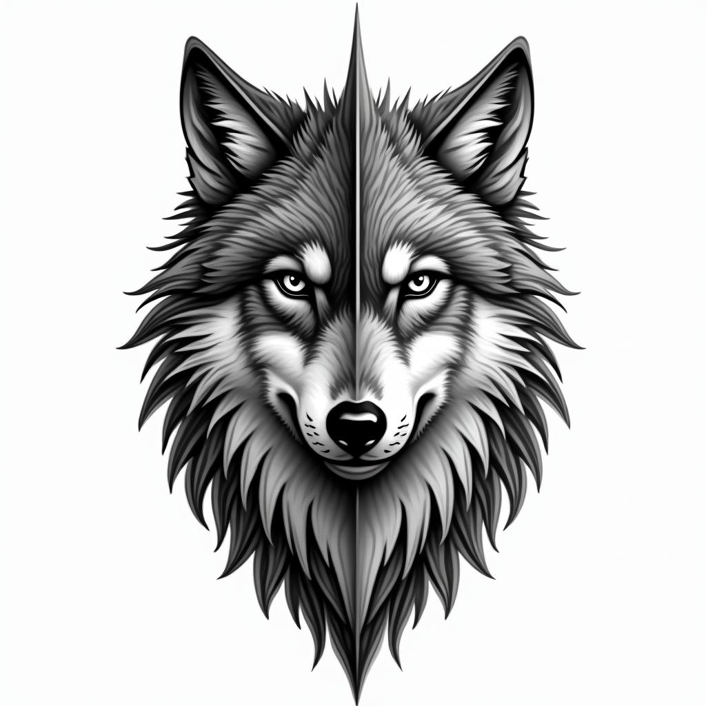 Wolf half face and falcon half face inside the shieldin bohemian style tattoo, 8k