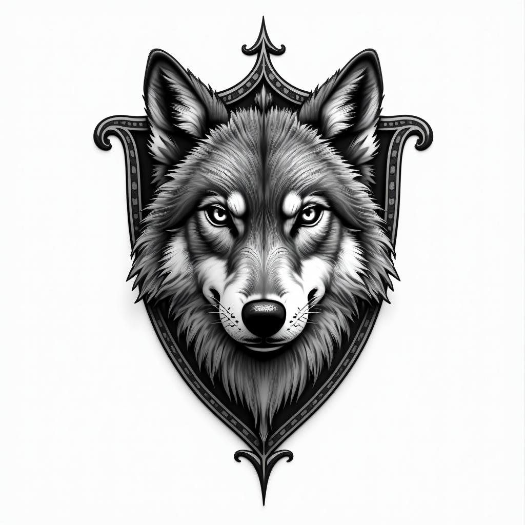 Wolf half face and falcon half face inside the shieldin bohemian style tattoo, 8k - Variation 2