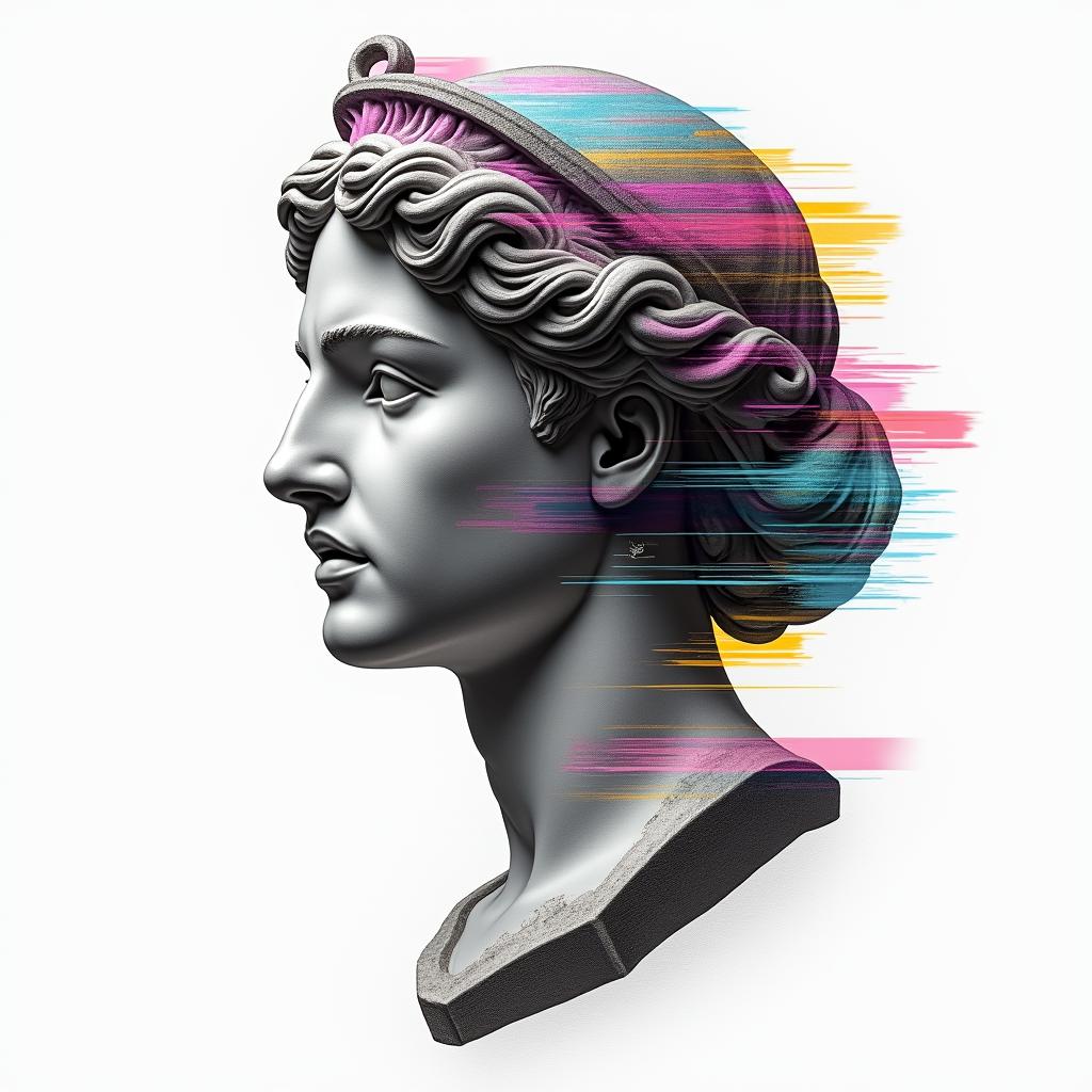 A mix of Libra, Virgo and Pisces tattoo ideain distorted and fragmented tattoo design, featuring a classical statue bust, in a glitch art style with vibrant, overlapping colors of cyan, magenta, and yellow, creating a digital distortion effect - Variation 2