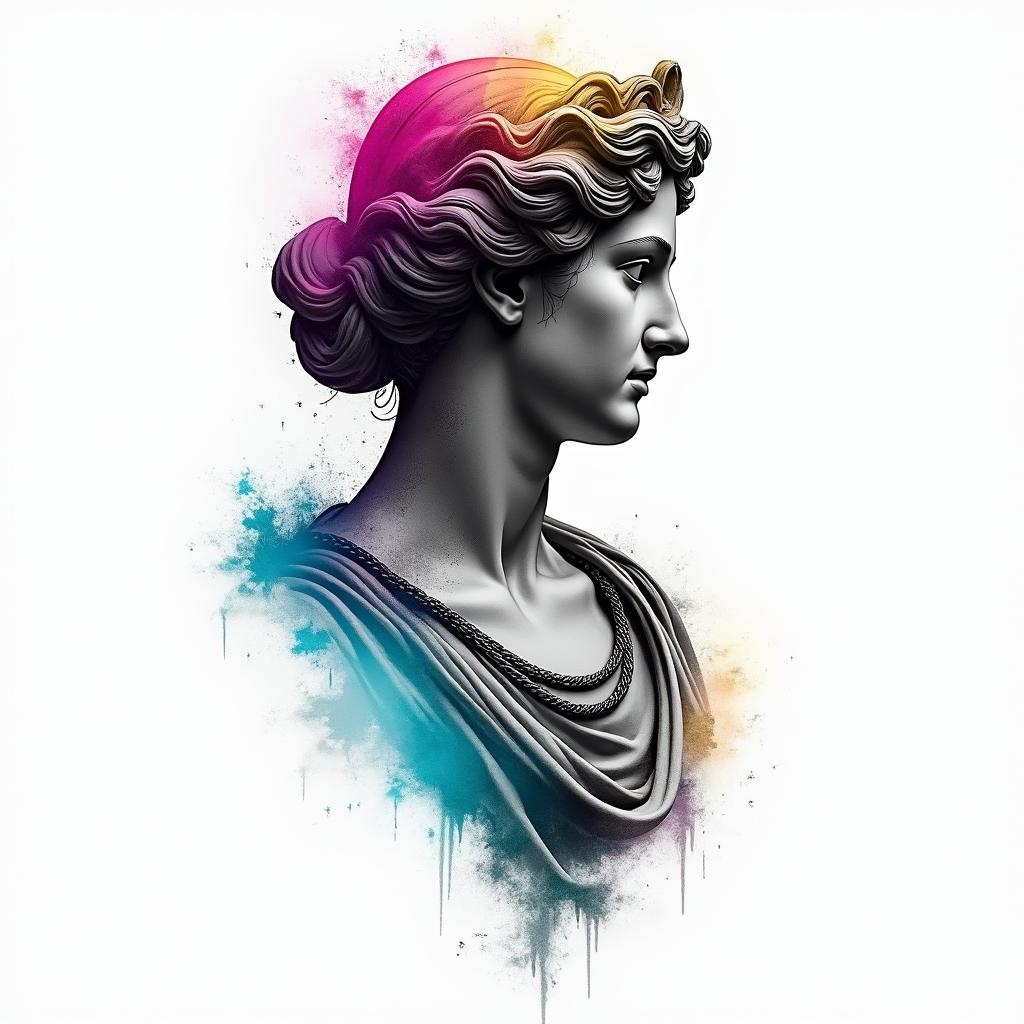 A mix of Libra, Virgo and Pisces tattoo ideain distorted and fragmented tattoo design, featuring a classical statue bust, in a glitch art style with vibrant, overlapping colors of cyan, magenta, and yellow, creating a digital distortion effect - Variation 1