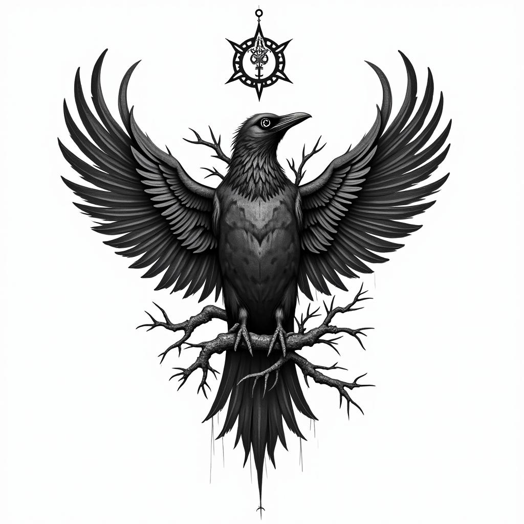 Crow, entangled in wings, thorns, sideways, flapping.in paganic style tattoo, featuring ancient symbols, add vegvisir symbol, mystical figures, incorporating designs, pentagrams, runes, crescent moons, - Variation 8