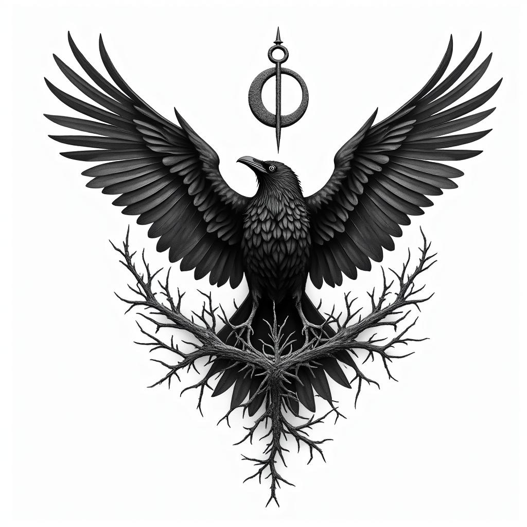 Crow, entangled in wings, thorns, sideways, flapping.in paganic style tattoo, featuring ancient symbols, add vegvisir symbol, mystical figures, incorporating designs, pentagrams, runes, crescent moons, - Variation 7