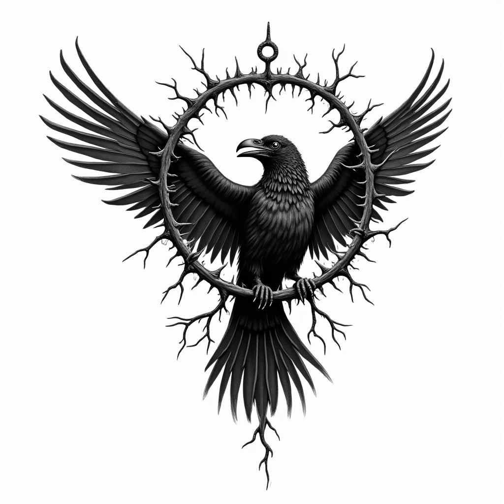 Crow, entangled in wings, thorns, sideways, flapping.in paganic style tattoo, featuring ancient symbols, add vegvisir symbol, mystical figures, incorporating designs, pentagrams, runes, crescent moons, - Variation 6