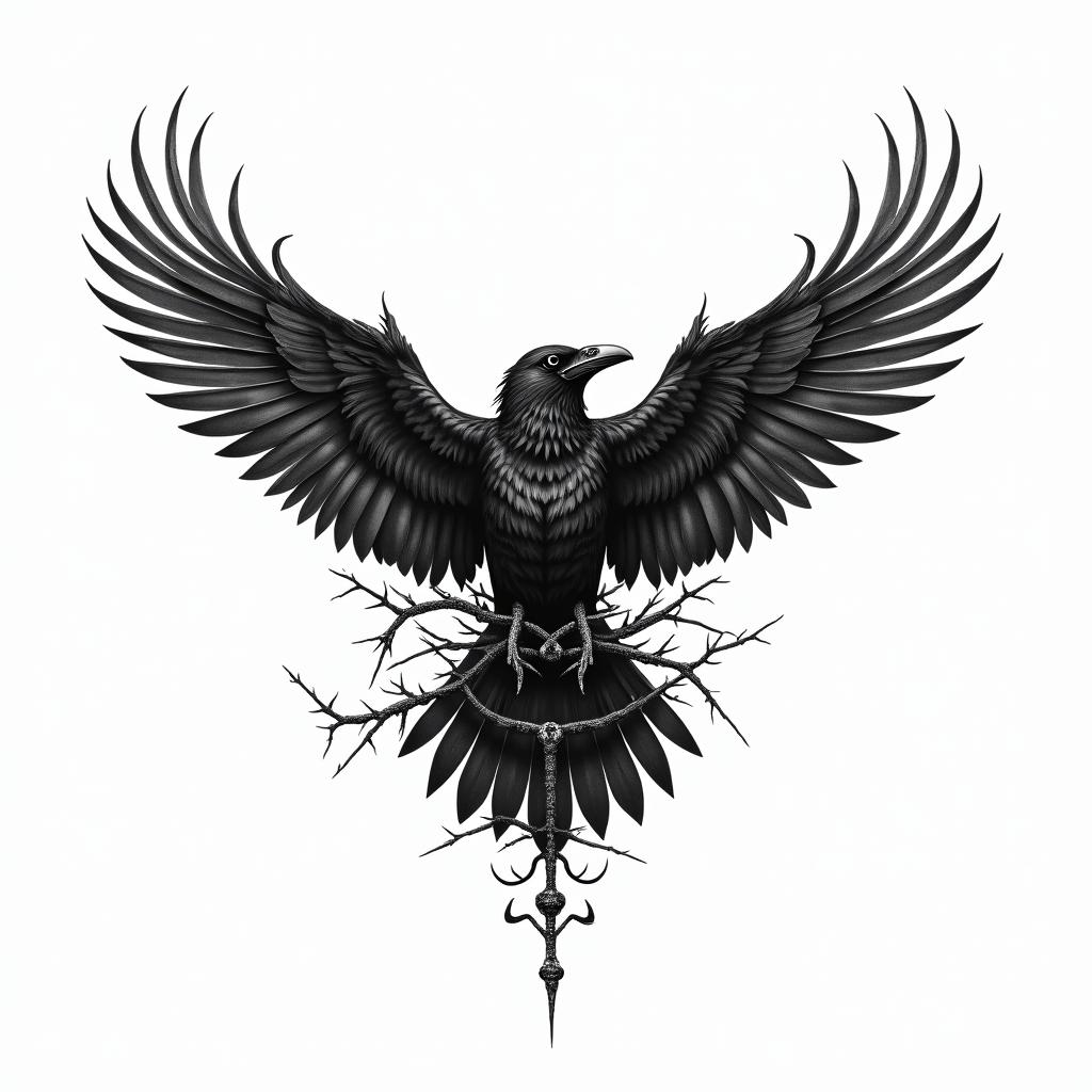 Crow, entangled in wings, thorns, sideways, flapping.in paganic style tattoo, featuring ancient symbols, add vegvisir symbol, mystical figures, incorporating designs, pentagrams, runes, crescent moons, - Variation 5