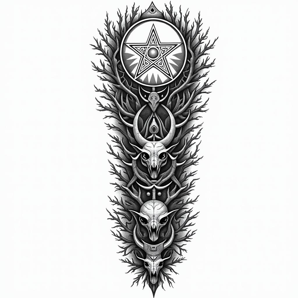 Make me a tattoo design for a full arm sleeve, with a forest themein paganic style tattoo, featuring ancient symbols, add vegvisir symbol, mystical figures, incorporating designs, pentagrams, runes, crescent moons, - Variation 4