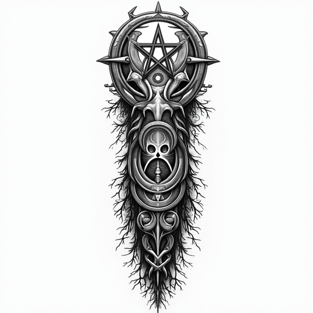 Make me a tattoo design for a full arm sleeve, with a forest themein paganic style tattoo, featuring ancient symbols, add vegvisir symbol, mystical figures, incorporating designs, pentagrams, runes, crescent moons, - Variation 3