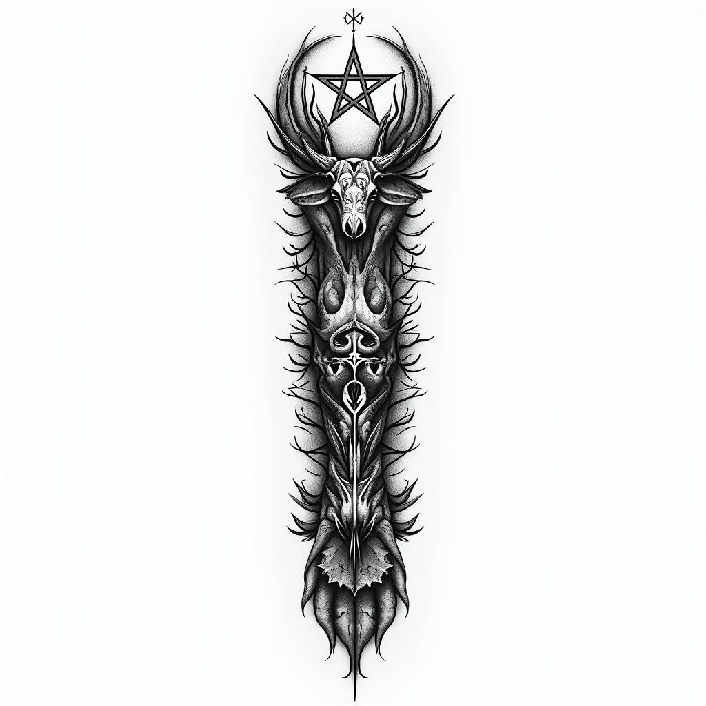 Make me a tattoo design for a full arm sleeve, with a forest themein paganic style tattoo, featuring ancient symbols, add vegvisir symbol, mystical figures, incorporating designs, pentagrams, runes, crescent moons,