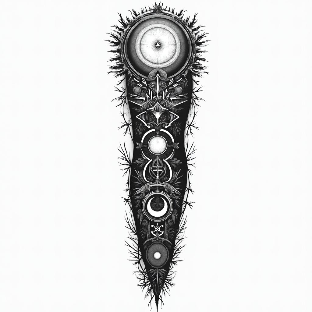 Make me a tattoo design for a full arm sleeve, with a forest themein paganic style tattoo, featuring ancient symbols, add vegvisir symbol, mystical figures, incorporating designs, pentagrams, runes, crescent moons, - Variation 2