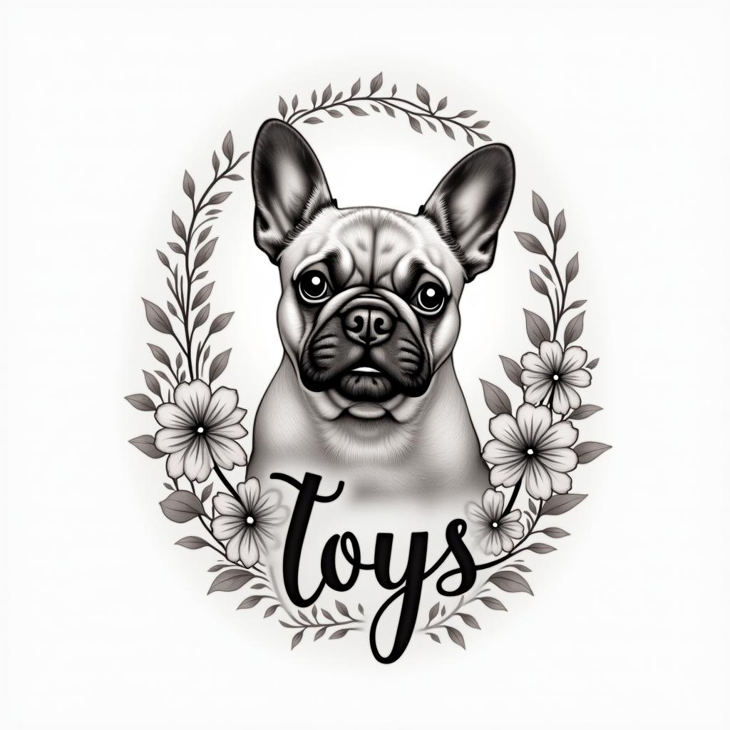 A soft and delicate tattoo design featuring a French bulldog named "Tonka," surrounded by beautiful flowers symbolizing love and remembrance. Incorporate a cherished toy alongside her name "Toy" in an elegant font. The overall vibe should be gentle and nurturing, creating a heartfelt tribute to a beloved pet that was part of the client’s life for 15 years.higly detailed tattoo - Variation 4