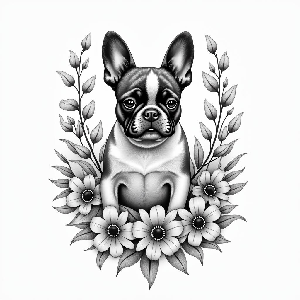 A soft and delicate tattoo design featuring a French bulldog named "Tonka," surrounded by beautiful flowers symbolizing love and remembrance. Incorporate a cherished toy alongside her name "Toy" in an elegant font. The overall vibe should be gentle and nurturing, creating a heartfelt tribute to a beloved pet that was part of the client’s life for 15 years.higly detailed tattoo