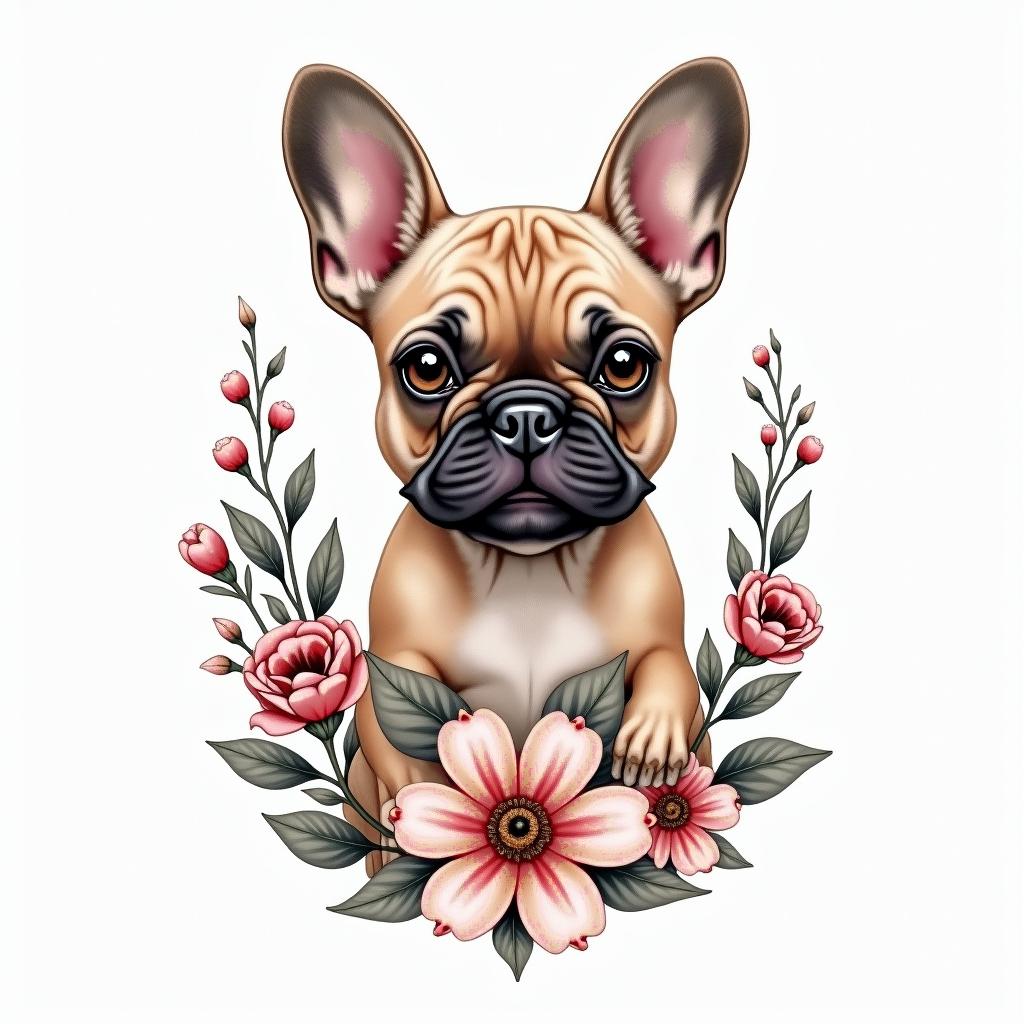 A soft and delicate tattoo design featuring a French bulldog named "Tonka," surrounded by beautiful flowers symbolizing love and remembrance. Incorporate a cherished toy alongside her name "Toy" in an elegant font. The overall vibe should be gentle and nurturing, creating a heartfelt tribute to a beloved pet that was part of the client’s life for 15 years.higly detailed tattoo - Variation 2