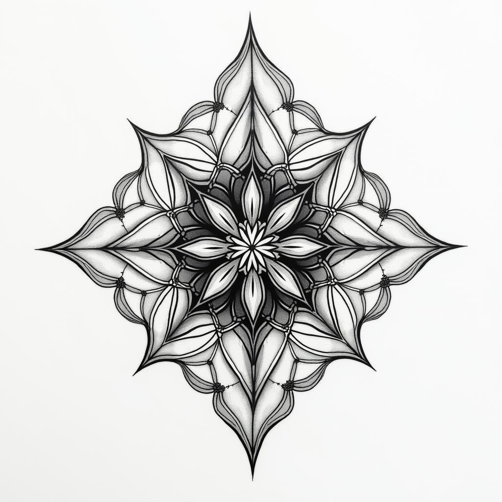 Create a subtle realistic tattoo from the names Hailey and Zayn. in geometric style tattoo, blending hexagons, mandala-inspired patterns, symmetrical and fractal design, clean lines, sharp angles - Variation 3