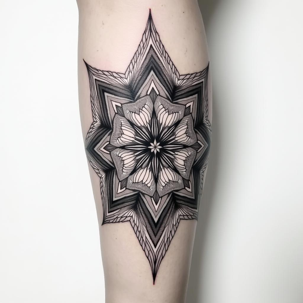Create a subtle realistic tattoo from the names Hailey and Zayn. in geometric style tattoo, blending hexagons, mandala-inspired patterns, symmetrical and fractal design, clean lines, sharp angles - Variation 2