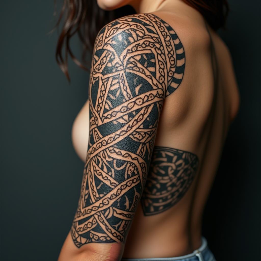 Gladysin tribal tattoo style, featuring bold and black geometric shapes, curved lines, intertwine and flow seamlessly, creating a powerful and symbolic design, polynesian and maori styles - Variation 4