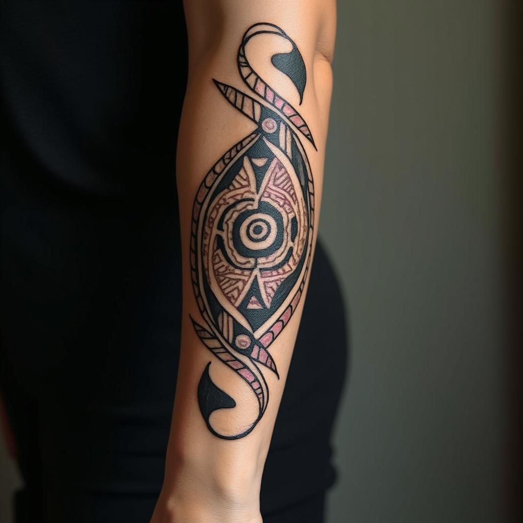 Gladysin tribal tattoo style, featuring bold and black geometric shapes, curved lines, intertwine and flow seamlessly, creating a powerful and symbolic design, polynesian and maori styles