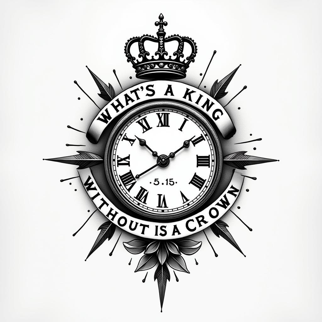 A tattoo design featuring a timepiece with the hands stopped at 5:15, symbolizing the tragic loss of a son. Integrated with the timepiece is a simple crown, representing the phrase "what's a king without a crown," reflecting his character. The words "live fast die young" elegantly flow around the timepiece and crown, capturing the essence and memory of the son. The overall style is a blend of realism and simplicity, with a focus on meaningful symbolism.higly detailed tattoo
