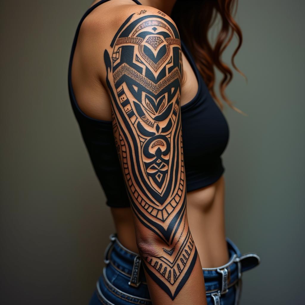 Gladysin tribal tattoo style, featuring bold and black geometric shapes, curved lines, intertwine and flow seamlessly, creating a powerful and symbolic design, polynesian and maori styles - Variation 3