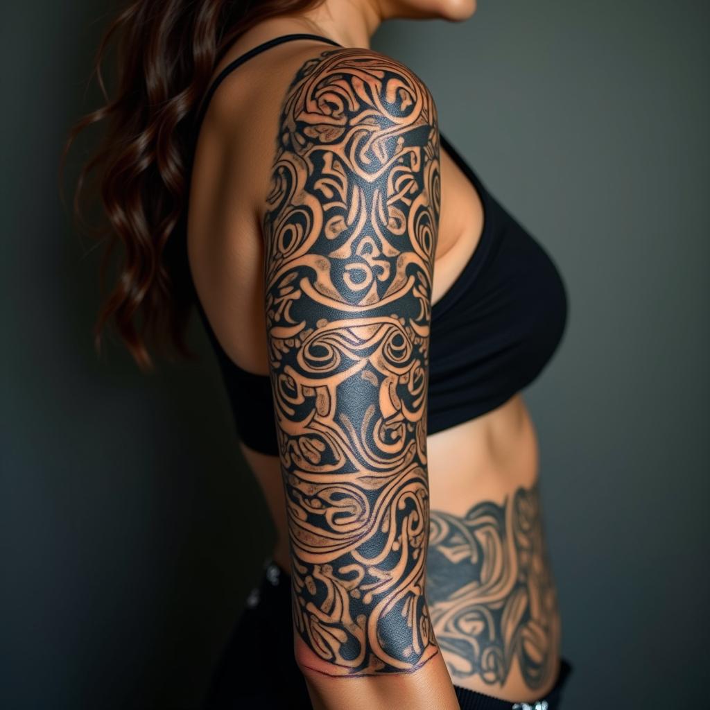 Gladysin tribal tattoo style, featuring bold and black geometric shapes, curved lines, intertwine and flow seamlessly, creating a powerful and symbolic design, polynesian and maori styles - Variation 2