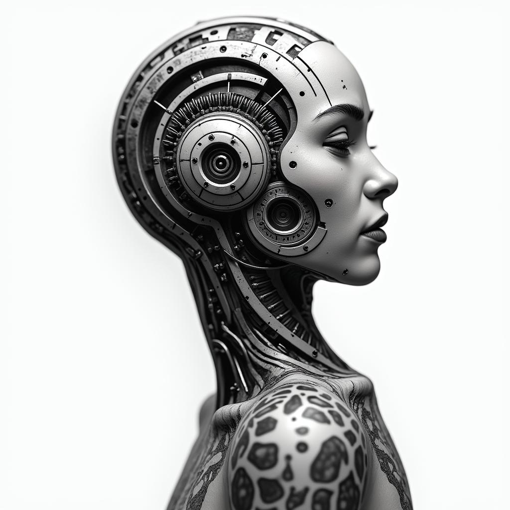 A mix of Libra, Virgo and Pisces tattoo ideatattoo in biomechanic style, the tattoo covered by robotic elements of futuristic cyberpunk design, robotic features detail, showcasing intricate mechanical components - Variation 1
