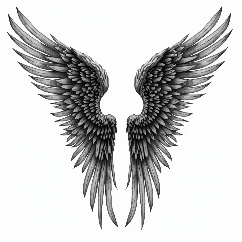 A tattoo design featuring black angel wings, integrated with the name "Alessio" in a stylized manner. The birth date "08/01/2023" is discreetly incorporated into the pattern, adding a personal and symbolic touch to the tribute for his son.higly detailed tattoo - Variation 2