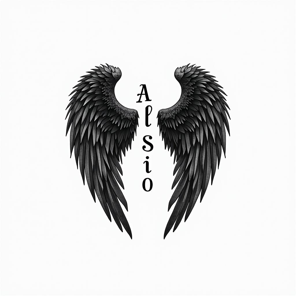 A tattoo design featuring black angel wings, integrated with the name "Alessio" in a stylized manner. The birth date "08/01/2023" is discreetly incorporated into the pattern, adding a personal and symbolic touch to the tribute for his son.higly detailed tattoo
