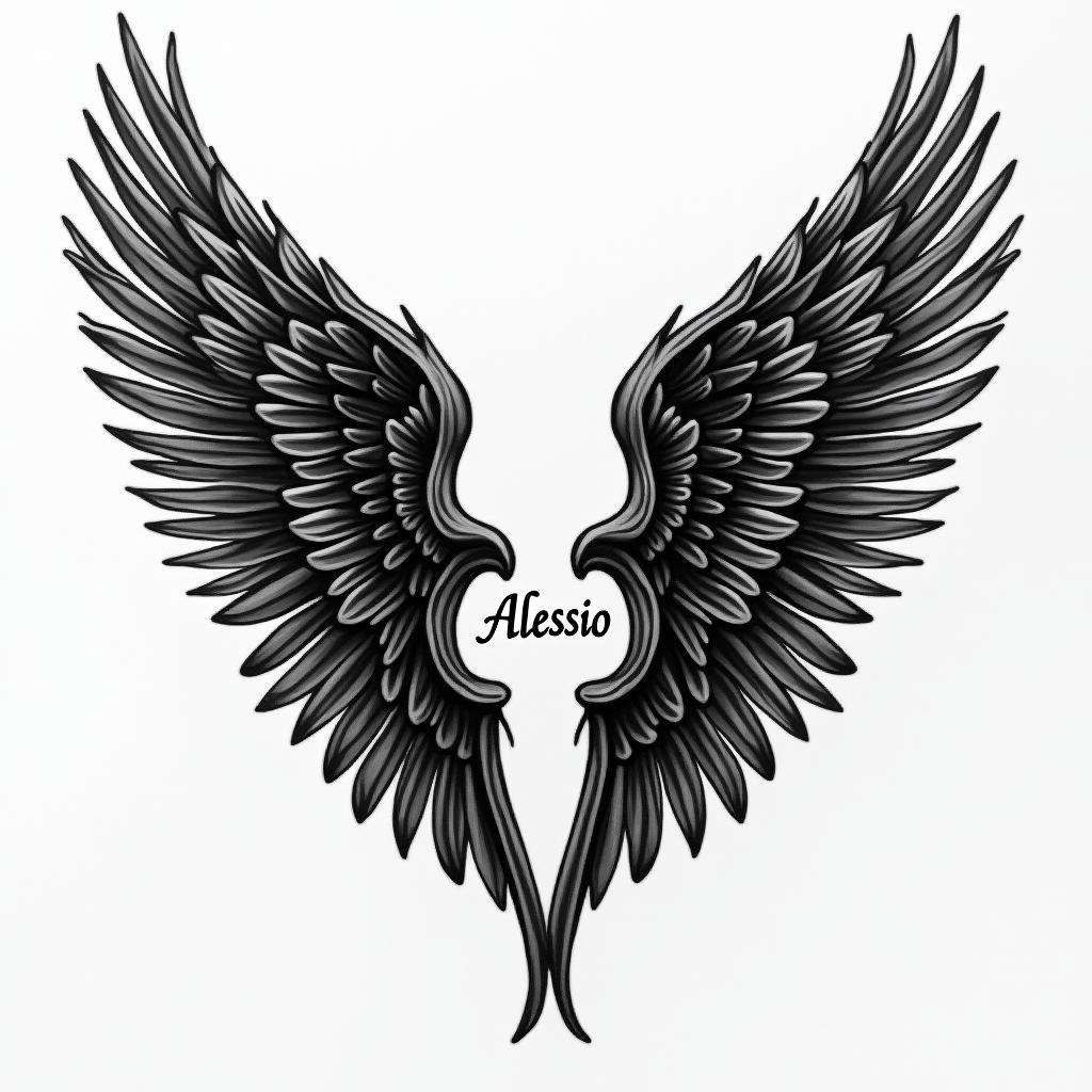 A tattoo design featuring black angel wings, integrated with the name "Alessio" in a stylized manner. The birth date "08/01/2023" is discreetly incorporated into the pattern, adding a personal and symbolic touch to the tribute for his son.higly detailed tattoo - Variation 4