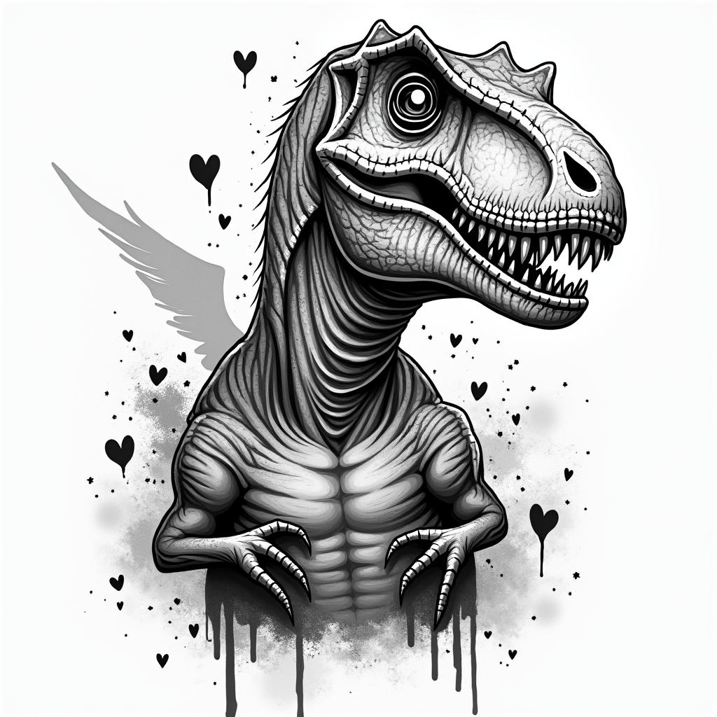 Velociraptorin graffiti style tattoo, featuring bold and dynamic street art elements, spray-paint texture with exaggerated lines and expressive, chaotic brushstrokes, intricate lettering incorporated with graffiti tags, symbols like hearts, stars, and wings - Variation 3