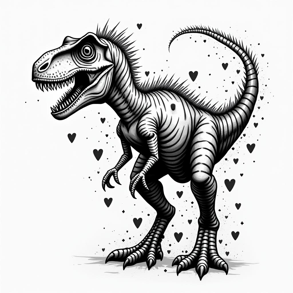 Velociraptorin graffiti style tattoo, featuring bold and dynamic street art elements, spray-paint texture with exaggerated lines and expressive, chaotic brushstrokes, intricate lettering incorporated with graffiti tags, symbols like hearts, stars, and wings - Variation 2
