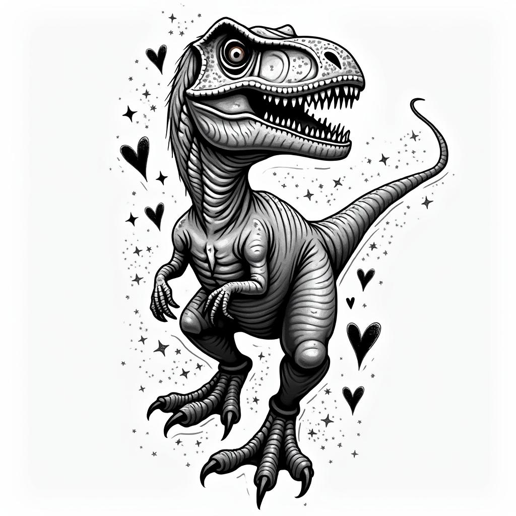 Velociraptorin graffiti style tattoo, featuring bold and dynamic street art elements, spray-paint texture with exaggerated lines and expressive, chaotic brushstrokes, intricate lettering incorporated with graffiti tags, symbols like hearts, stars, and wings - Variation 4