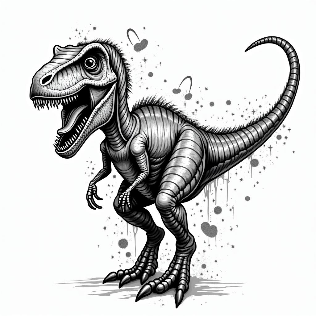 Velociraptorin graffiti style tattoo, featuring bold and dynamic street art elements, spray-paint texture with exaggerated lines and expressive, chaotic brushstrokes, intricate lettering incorporated with graffiti tags, symbols like hearts, stars, and wings