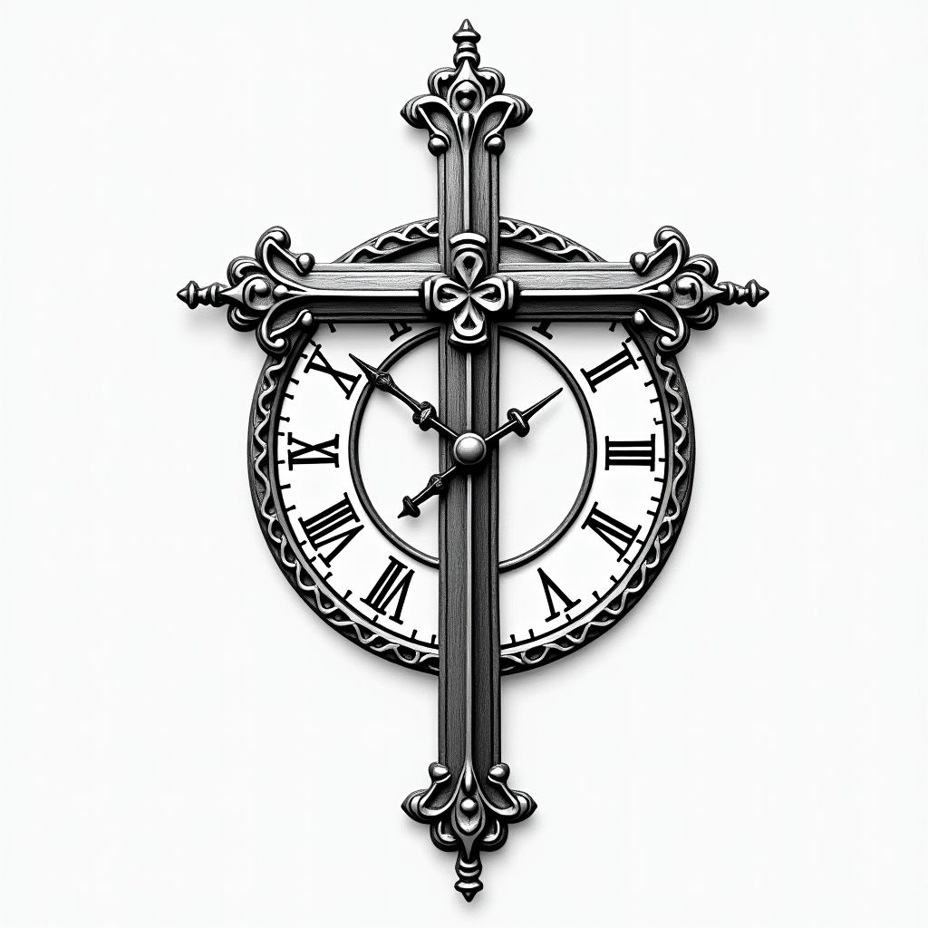 Roman numeral clock jesus crosshigly detailed tattoo - Variation 3