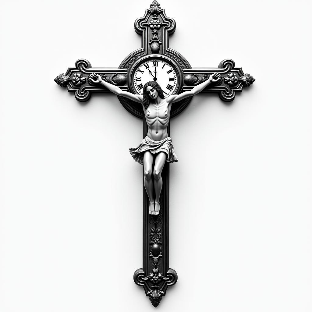 Roman numeral clock jesus crosshigly detailed tattoo - Variation 2