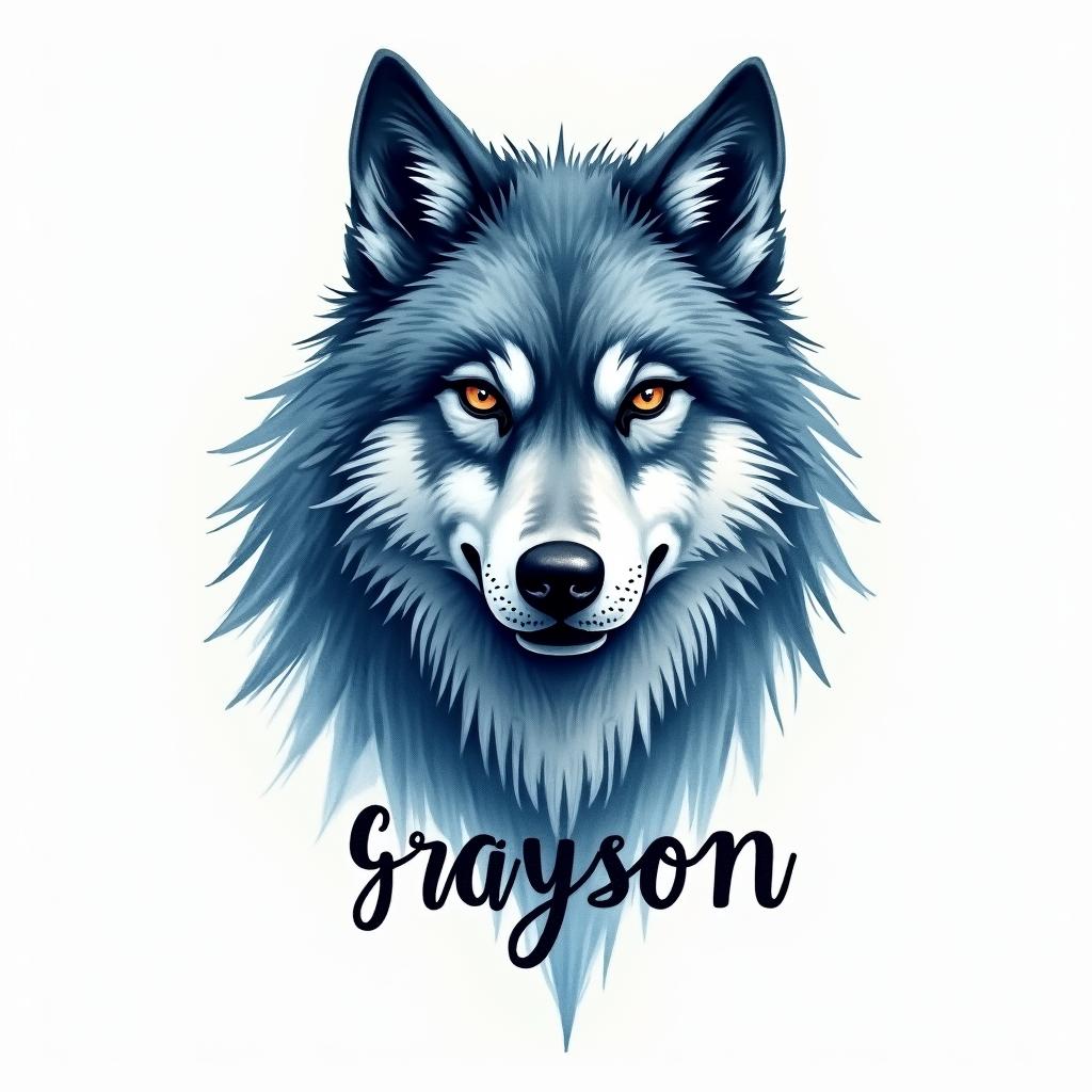 A fierce-looking wolf depicted in a watercolor style, representing strength and kindness, with shades of blue in the color palette. Accompanying the wolf is the name "Grayson" artistically integrated into the design, embodying the qualities of being artistic, strong, outgoing, loving, caring, and affectionate. The overall feel of the tattoo should convey deep emotion and significant meaning, reflecting the birthday of 12.15.17.higly detailed tattoo