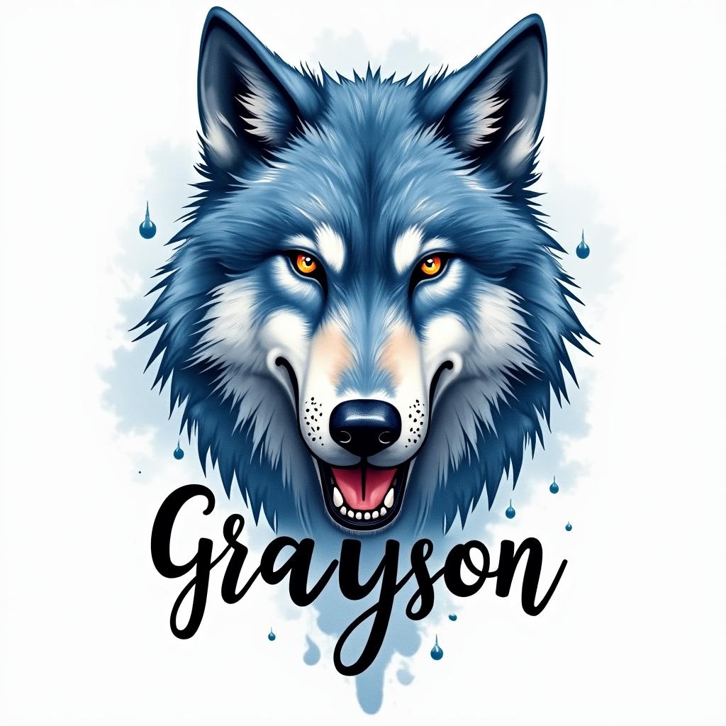 A fierce-looking wolf depicted in a watercolor style, representing strength and kindness, with shades of blue in the color palette. Accompanying the wolf is the name "Grayson" artistically integrated into the design, embodying the qualities of being artistic, strong, outgoing, loving, caring, and affectionate. The overall feel of the tattoo should convey deep emotion and significant meaning, reflecting the birthday of 12.15.17.higly detailed tattoo - Variation 4