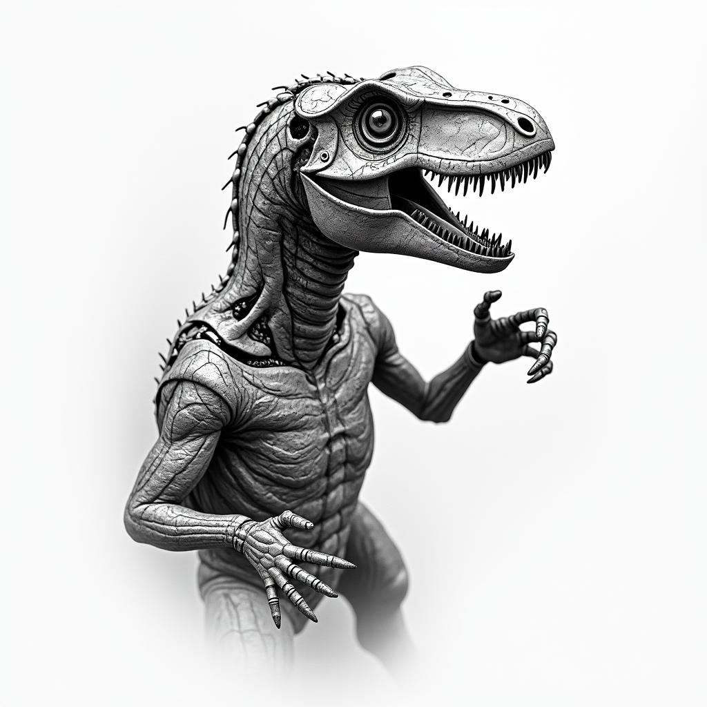 Velociraptortattoo in biomechanic style, the tattoo covered by robotic elements of futuristic cyberpunk design, robotic features detail, showcasing intricate mechanical components - Variation 2