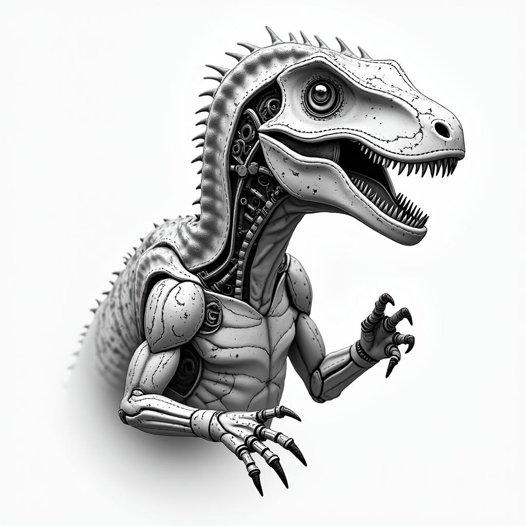 Velociraptortattoo in biomechanic style, the tattoo covered by robotic elements of futuristic cyberpunk design, robotic features detail, showcasing intricate mechanical components - Variation 3