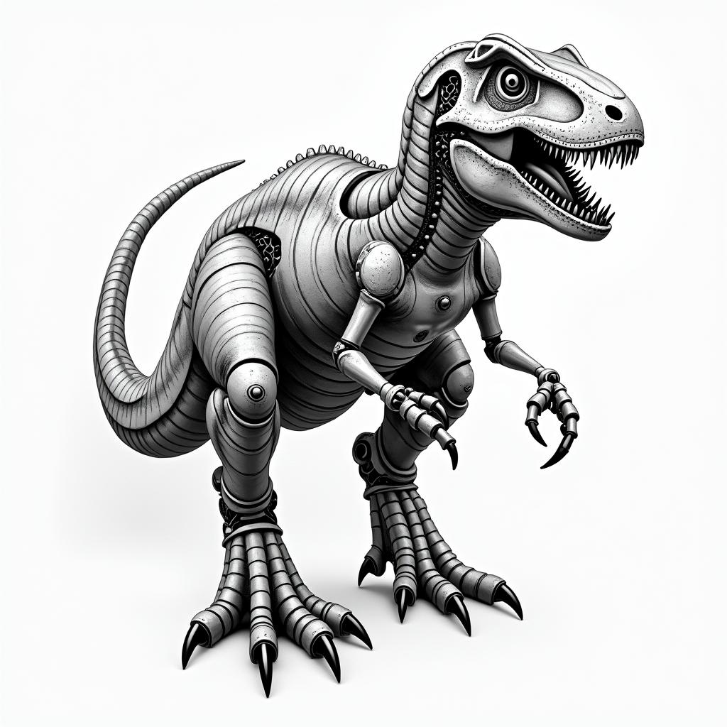 Velociraptortattoo in biomechanic style, the tattoo covered by robotic elements of futuristic cyberpunk design, robotic features detail, showcasing intricate mechanical components - Variation 1