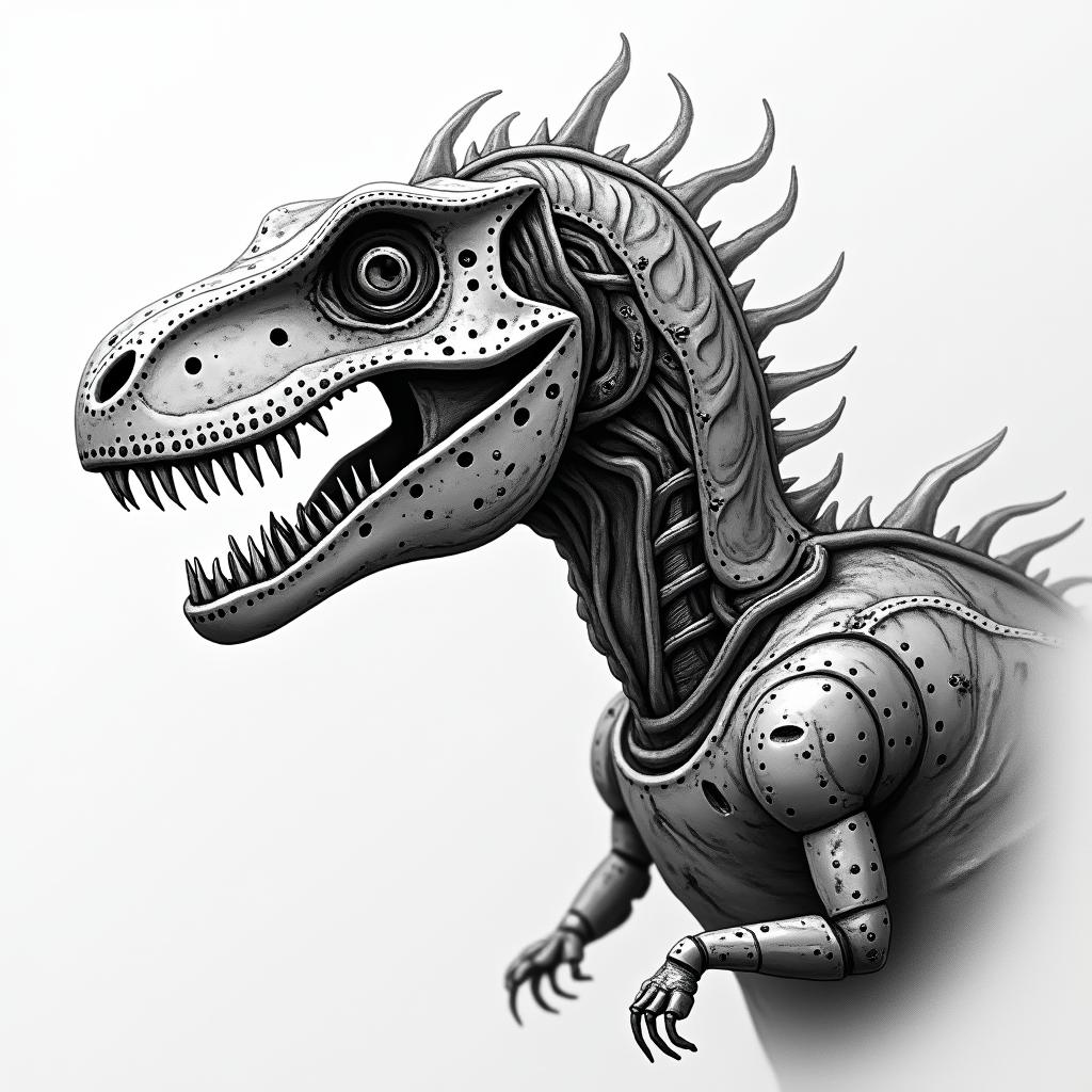 Velociraptortattoo in biomechanic style, the tattoo covered by robotic elements of futuristic cyberpunk design, robotic features detail, showcasing intricate mechanical components - Variation 4