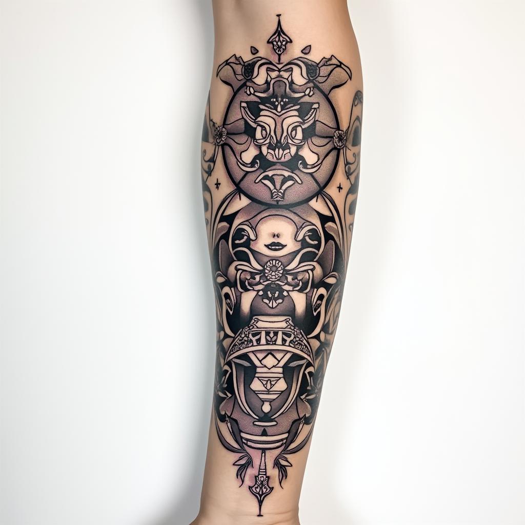 Full forearm tattoo with a mix of Virgo, Libra, and Pisces Zodiac signs. in authentic tattoo style, incorporating traditional modifications, bold black outlines, solid color fills, featuring classic authentic elements - Variation 1