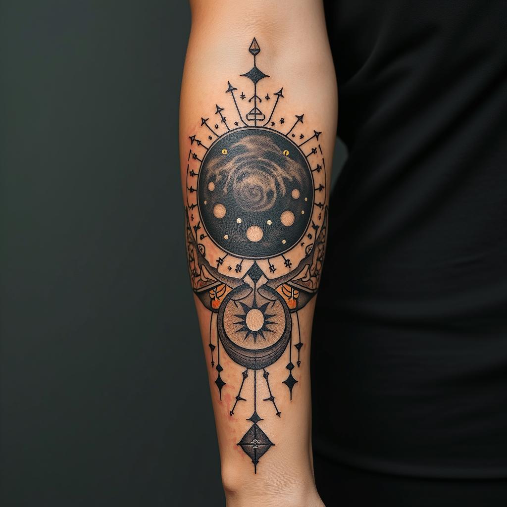 Gladysin prophecy tattoo style, featuring mystical symbols, celestial imagery like stars, moons, suns, geometric patterns, foretelling elements, an eye of wisdom - Variation 4