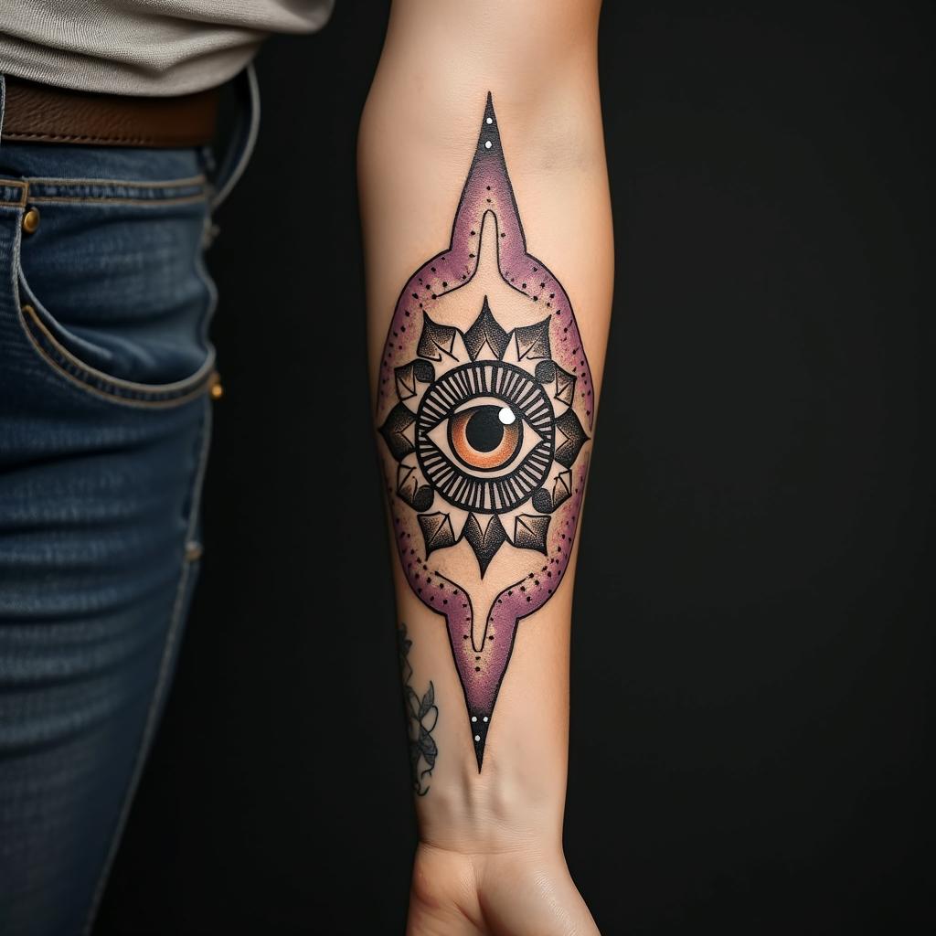 Gladysin prophecy tattoo style, featuring mystical symbols, celestial imagery like stars, moons, suns, geometric patterns, foretelling elements, an eye of wisdom