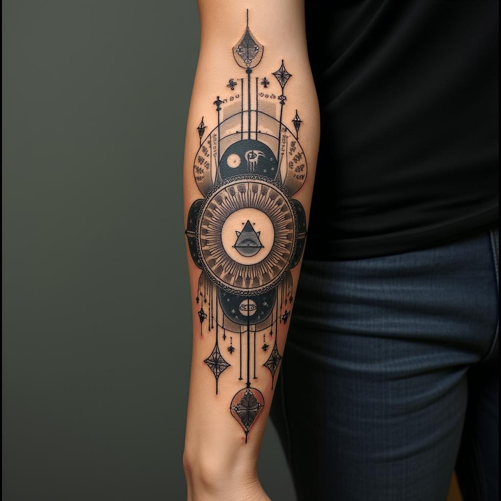 Gladysin prophecy tattoo style, featuring mystical symbols, celestial imagery like stars, moons, suns, geometric patterns, foretelling elements, an eye of wisdom - Variation 2
