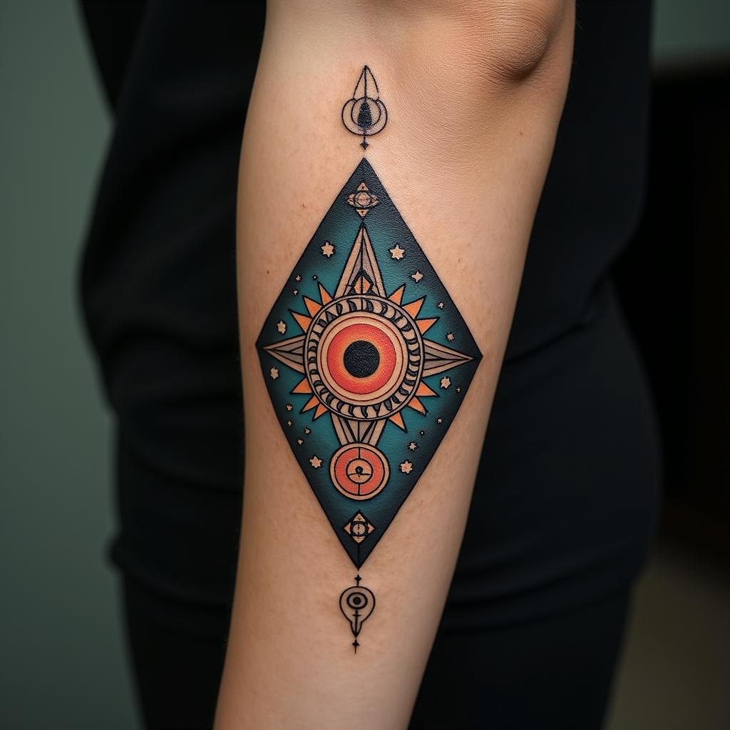 Gladysin prophecy tattoo style, featuring mystical symbols, celestial imagery like stars, moons, suns, geometric patterns, foretelling elements, an eye of wisdom - Variation 3